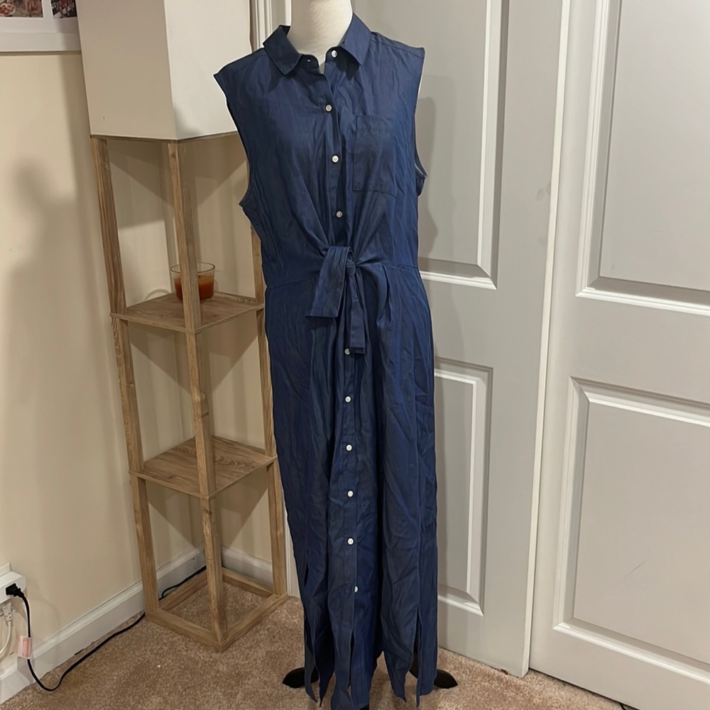 Christian Michaels Denim-Style Sleeveless Button-Down Maxi